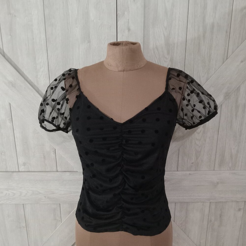 Ambiance-Romantic Black Flocked Polka Dot Sheer Mesh Cropped Top Feminine Size M